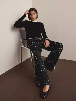 Next Noir/Blanc à pois - Pantalons en satin à jambe large et taille ceinturée Hot