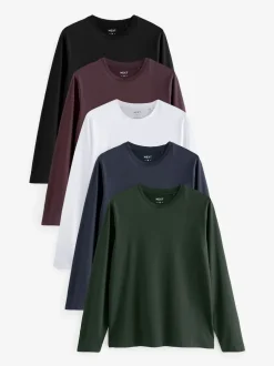Next Noir/Blanc/Bleu marine/Vert/Rouge bordeaux - Ajustement régulier - T-shirt à coupe classique à manches longues en coton 100 %, lot de 5 Clearance