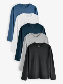 Next Noir/Blanc/Gris/Bleu - Slim Fit (Slim Fit) - T-shirt à coupe classique à manches longues en coton 100 %, lot de 5 Outlet
