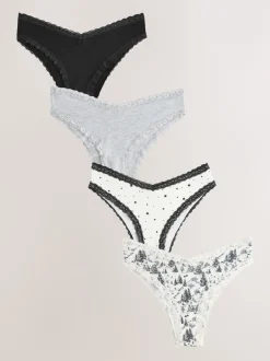 Next Noir/Crème - Lot de 4 culottes en coton et dentelle Coupe très échancrée Outlet