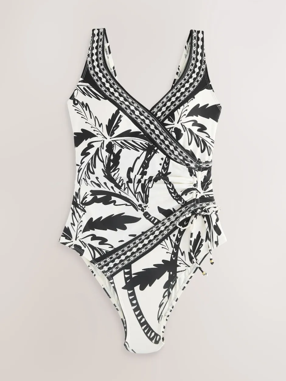 Next - Maillot de bain gainant le ventre froncé Noir/Crème Palmier Best