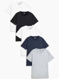 Next Noir/Gris Chiné/Blanc/Marine - Slim Fit (Slim Fit) - T-shirts de superposition en coton 100 %, lot de 5