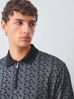 Next Noir/gris géométrique - Polo à motif quart de zip Best