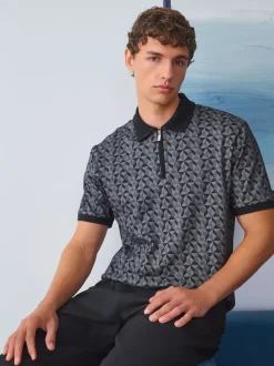 Next Noir/gris géométrique - Polo à motif quart de zip Best