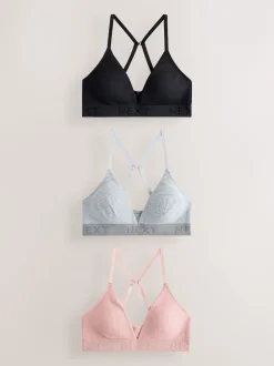 Next Noir/gris/rose - Lot de 3 bralettes en coton côtelé à logo Clearance