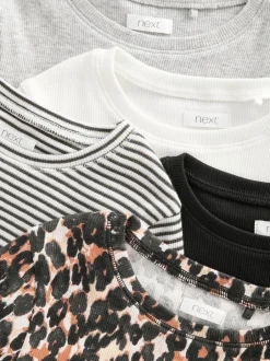 Next Noir/imprimé animal/blanc/rayé - Lot de 5 hauts à manches longues côtelés (3-16ans) Outlet