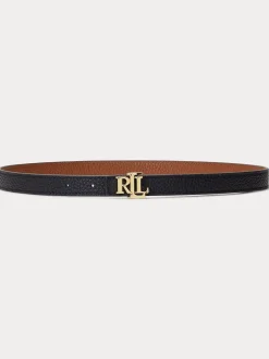 Lauren Ralph Lauren Noir/Lauren Fauve - 1.9cm Ceinture réversible en cuir galet à logo skinny Discount