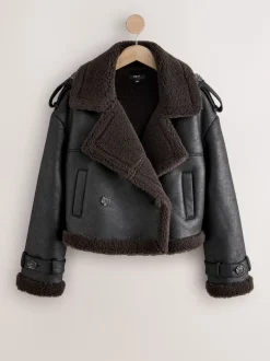 Next Noir/Marron Chocolat - Veste aviateur raccourcie en faux shearling Hot