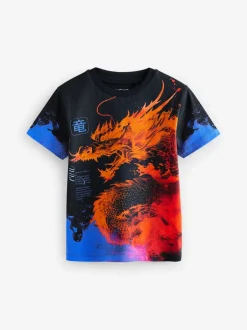 Next - T-shirt imprimé régulier à manches courtes (3-16ans) Noir/Orange Dragon New