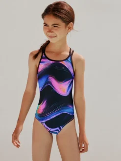 Next - Maillot de bain à double bretelle (3-16yrs) Noir/Rose/Violet tourbillon Outlet