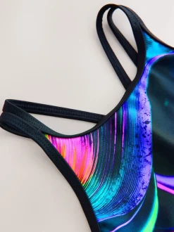 Next - Maillot de bain à double bretelle (3-16yrs) Noir/Rose/Violet tourbillon Outlet