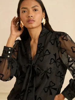 Love & Roses - Chemisier manches longues à nœud lavallière Nœud en velours noir Outlet