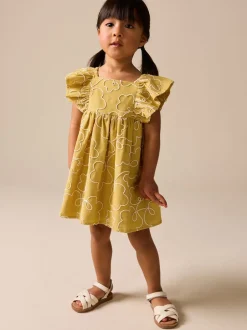 Next Ocre jaune brodé - Robe à manches d'ange (3mths-8yrs) Sale