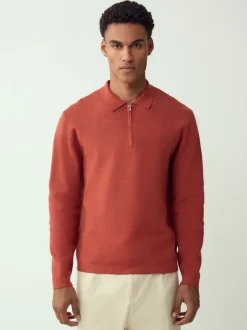Next - Col zippé - Polo N.premium en maille à manches longues haut de gamme à manches longues Orange brûlé Sale