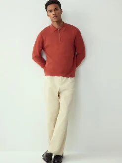 Next - Col zippé - Polo N.premium en maille à manches longues haut de gamme à manches longues Orange brûlé Sale