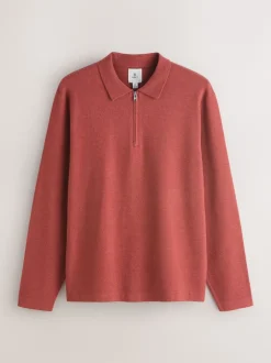 Next - Col zippé - Polo N.premium en maille à manches longues haut de gamme à manches longues Orange brûlé Sale