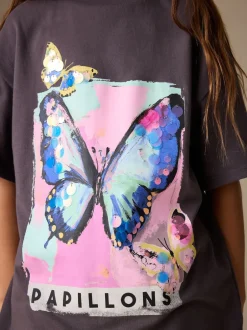 Next Papillon gris anthracite - T-shirt oversize à sequins (3-16ans) New