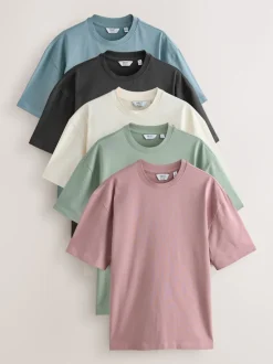Next Pastels vert/bleu/écru/ardoise/rose - Lot de 5 t-shirts épais à coupe décontractée Discount