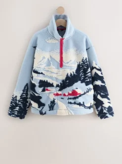 Next - Polaire douce en polaire en peau de mouton à col zippé Paysage d’hiver bleu à imprimé graphique New