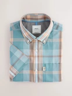 Next Petrol Bleu/Neutre Madras Carreaux - Chemise Oxford coupe classique repassage facile à manches courtes Online