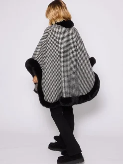 South Beach Pied-de-poule monochrome - Cape bordée de fausse fourrure Online
