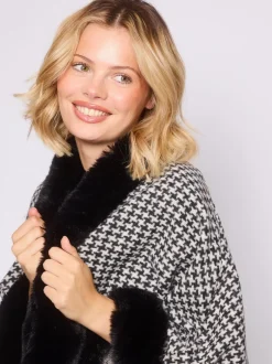 South Beach Pied-de-poule monochrome - Cape bordée de fausse fourrure Online