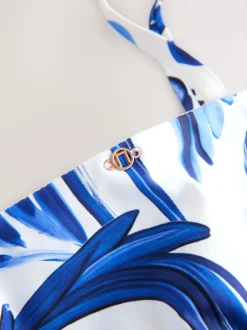 Next - Maillot de bain Bandeau gainant à jambes froncées Porcelaine blanc/bleu Sale