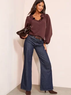 Friends Like These pourpre-velours - chemisier à volants boutonné sur le devant à manches longues Online