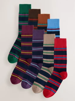 Next - Paquet de chaussettes à motifs 8 Rayé bleu/rouge/marron Best
