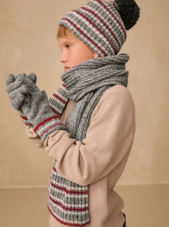 Next - Ensemble chapeau, écharpe et gants 3 pièces (3-16ans) Rayure grise/Rouge Hot