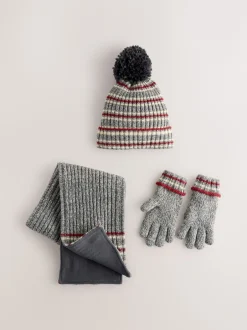 Next - Ensemble chapeau, écharpe et gants 3 pièces (3-16ans) Rayure grise/Rouge Hot