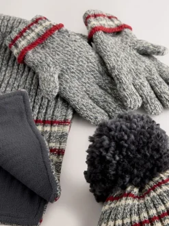 Next - Ensemble chapeau, écharpe et gants 3 pièces (3-16ans) Rayure grise/Rouge Hot