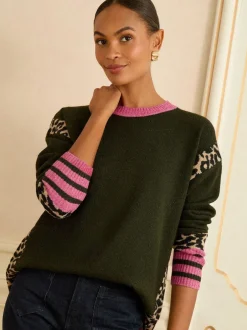 Love & Roses - Col rond Cosy Pull Rayures latérales vert Animal kaki Clearance