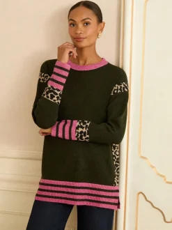 Love & Roses - Col rond Cosy Pull Rayures latérales vert Animal kaki Clearance