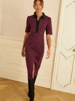 Love & Roses Robe mi-longue floquée à pois et manches courtes Sale