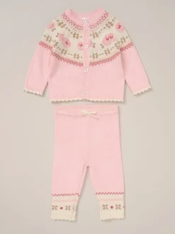 Rock-A-Bye Baby Boutique Rock a bye baby boutique Ensemble Cardigans et Pantalons Rose à Motif Fair Isle