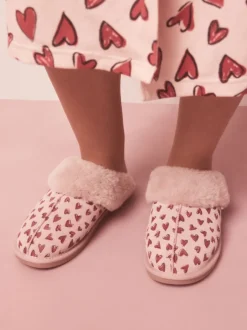 Next Rose - Chaussons mules en daim doublés de fausse fourrure cœur Outlet