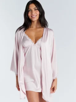 Boux Avenue Rose - Peignoir Kaya en satin bordé de dentelle New