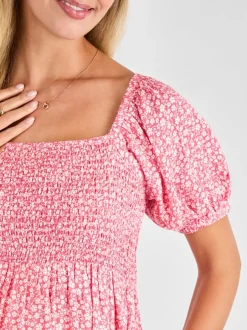 Jojo Maman Bébé Rose - Robe mi-longue Imprimé froncée à petites fleurs