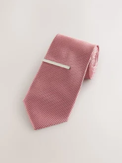 Next - Cravate texturée avec pince à cravate Rose corail New