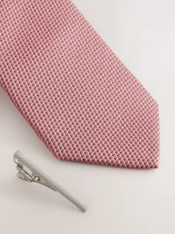 Next - Cravate texturée avec pince à cravate Rose corail New