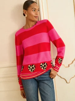 Love & Roses Rose et rouge rayé - Pull Animal cœur Outlet