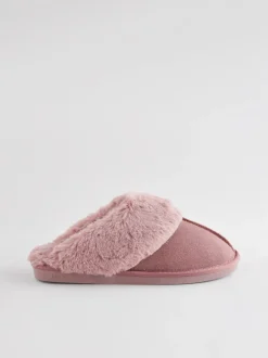 Next - Chaussons mules en daim doublés de fausse fourrure Rose mink Discount