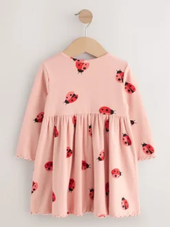 Next - Robe côtelée à manches longues (3mois-7ans) Rose motif coccinelles Clearance