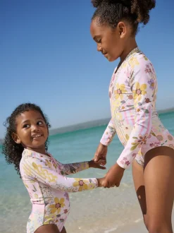 Next - Maillot de bain Sunsafe à manches longues (3mois-16ans) Rose patchwork Fleuri
