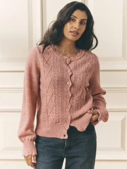 Laura Ashley Rose poudré - Cardigan boutonné pointelle et festoncles avec une touche de laine Outlet