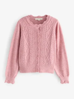 Laura Ashley Rose poudré - Cardigan boutonné pointelle et festoncles avec une touche de laine Outlet