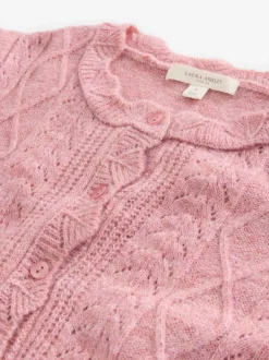 Laura Ashley Rose poudré - Cardigan boutonné pointelle et festoncles avec une touche de laine Outlet