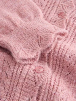 Laura Ashley Rose poudré - Cardigan boutonné pointelle et festoncles avec une touche de laine Outlet