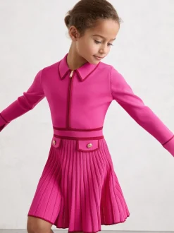 Reiss Rose vif - Robe Anne plissée en maille à liserés Online